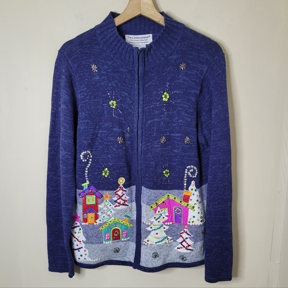 Tiara International Holiday Village Christmas Cardigan Sweater Full Zip Size XL - Picture 2 of 8